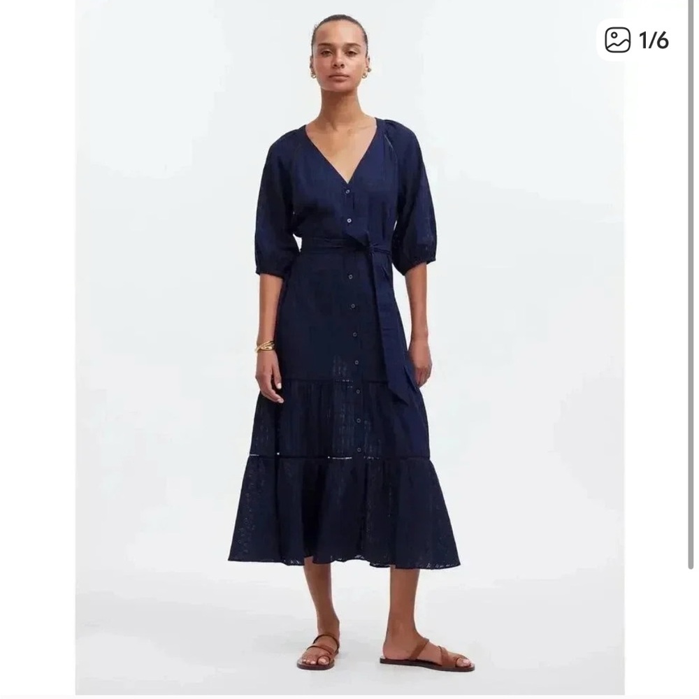 Madewell Women’s Size 2 Tie-Waist Tiered Midi Dress‎ in Windowpane Navy
